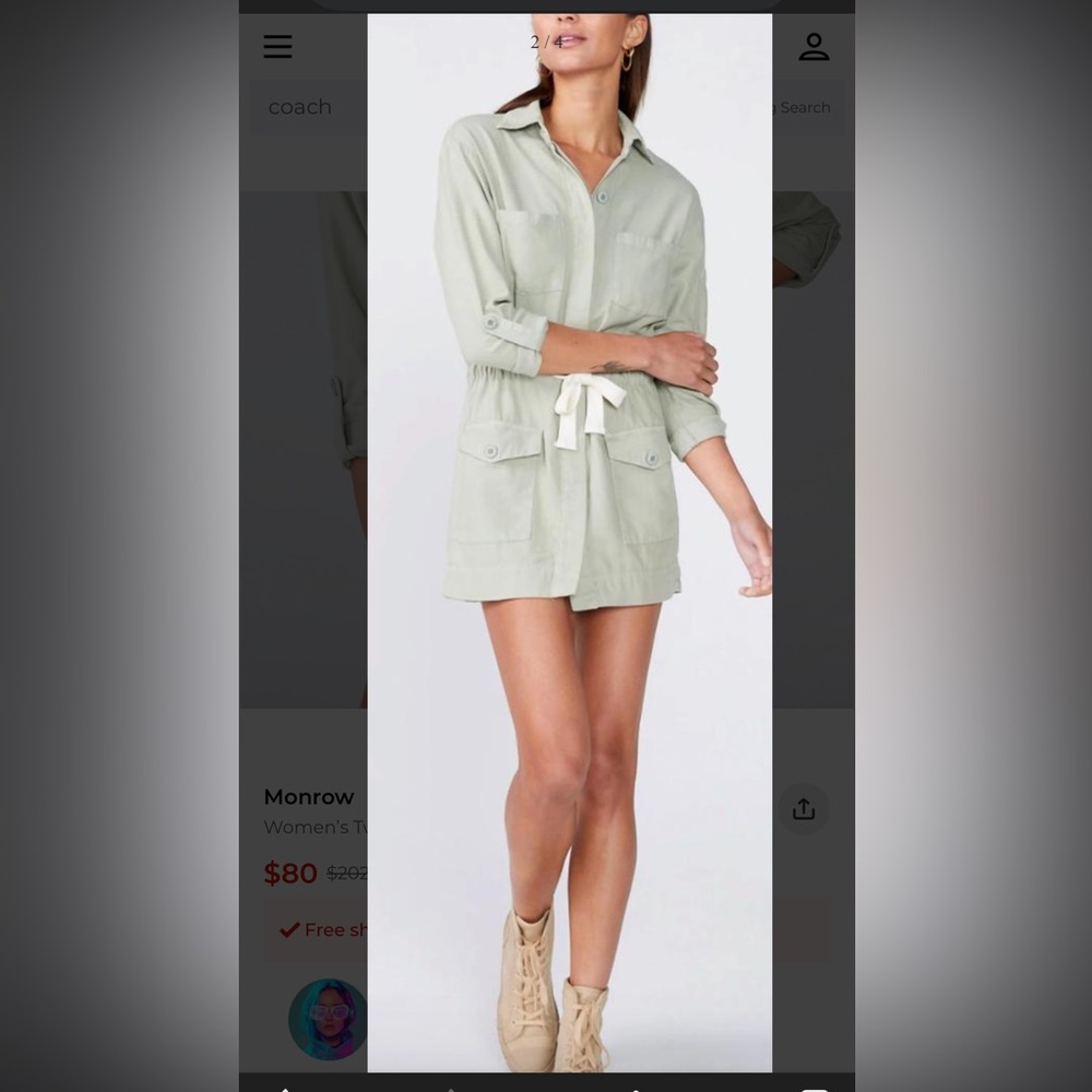 Monrow Sage Green Twill Long Sleeve Pocket Mini Shirt Dress Size Medium